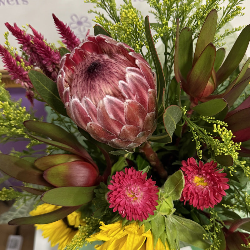 A beautiful native flower mini-box featuring sunflowers, proteas, and rich greenery, perfect for brightening any space.