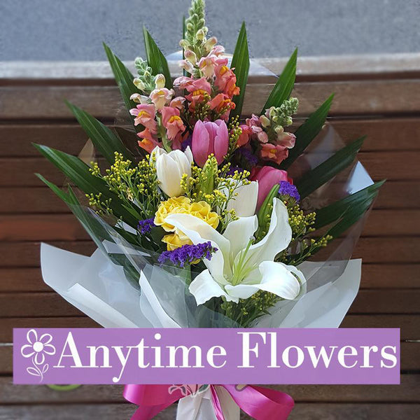 Spring Harmony Bouquet - Vibrant Tulips, Lilies & Roses