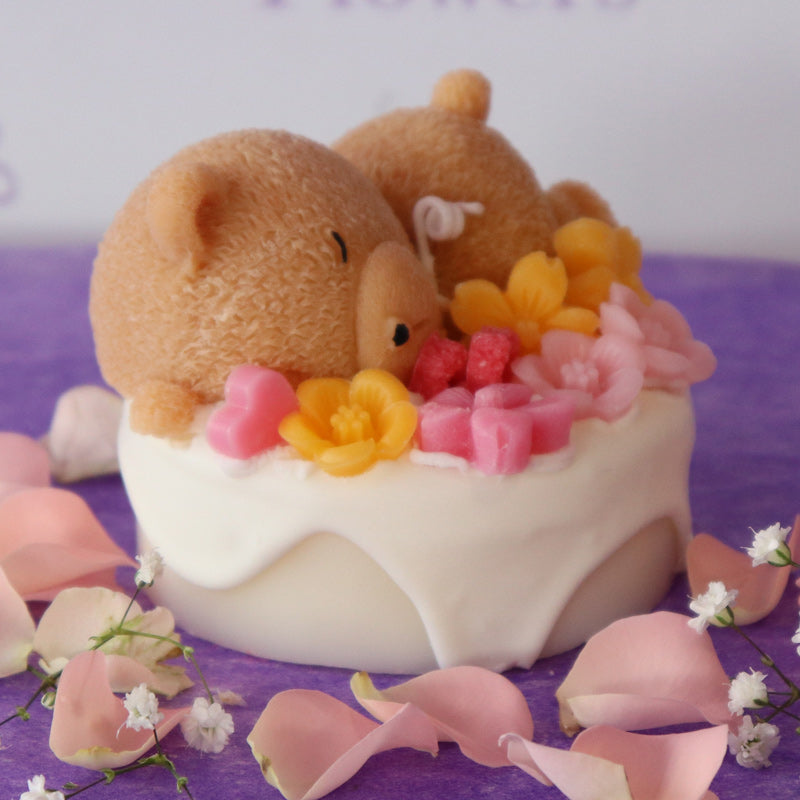 Teddy bear sleeping on a cake with flowers rose scent